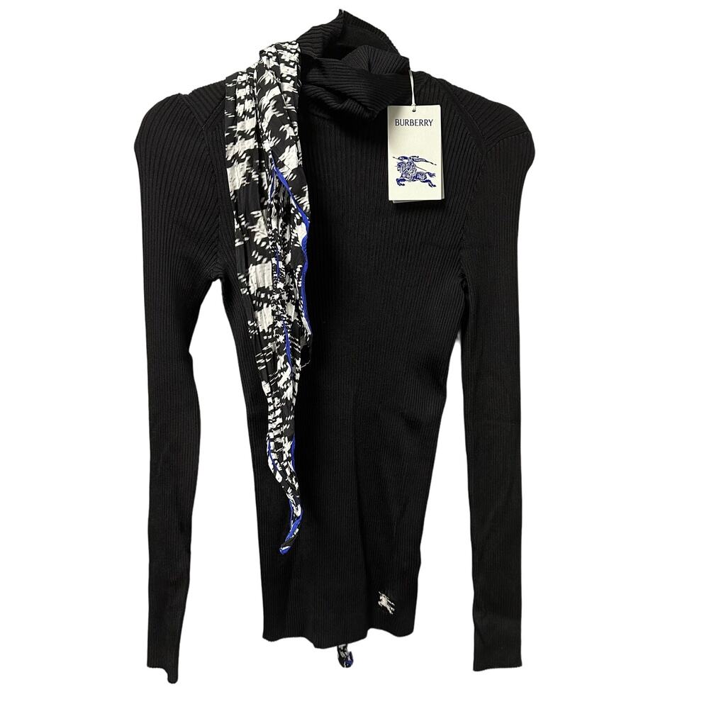 Burberry Black Ribbed Long-Sleeve Sweater with Black/White/Blue Scarf Detail
